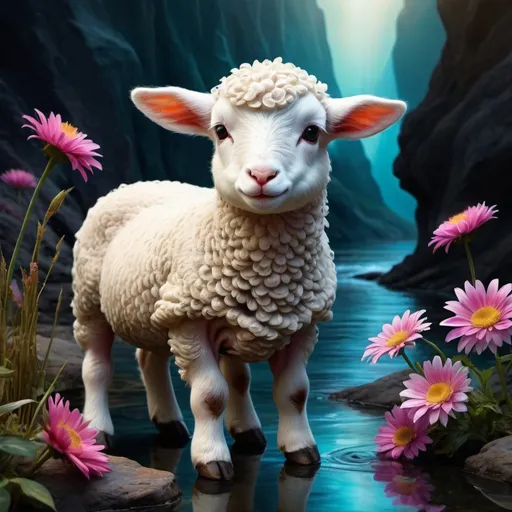 Prompt: Fantasy Realism, mesmerizing HDR highly detailed, digital art, in the style of Andy Kehoe and Luis Royo, eyes closed cute little lamb kneeling and praying by a huge wide river  and beautiful flowers on the other side of the river, sharp focus, very stylish, chiaroscuro, highly detailed, high definition, hyperrealistic, illustration, seamlessly blending watercolor and  ink elements, UHD, perfect curved line composition, cinematic, bright lighting, intricate background with vibrant ink splatters, deep faded and muted triadic colors, beyond the realm of reality, 32k, Broken Glass effect, no background, stunning, something that even doesn't exist, mythical being, energy, molecular, textures, iridescent and luminescent scales, breathtaking beauty, pure perfection, divine presence, unforgettable, impressive, breathtaking beauty, Volumetric light, auras, rays, vivid colors reflects, Broken Glass effect, no background, stunning, something that even doesn't exist, mythical being, energy, molecular, textures, iridescent and luminescent scales, breathtaking beauty, pure perfection, divine presence, unforgettable, impressive, breathtaking beauty, Volumetric light, auras, rays, vivid colors reflects
