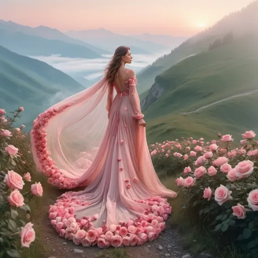 Prompt: A beautiful girl in a lush translucent long dress made of roses with a long train of flowers walks in the mountains at dawn, fog in the background, colored pencils, pink and beige tones in full growth