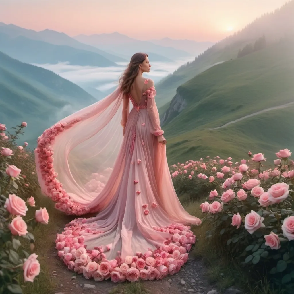 Prompt: A beautiful girl in a lush translucent long dress made of roses with a long train of flowers walks in the mountains at dawn, fog in the background, colored pencils, pink and beige tones in full growth