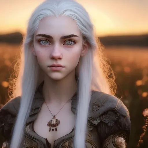 Prompt: beautiful 20 year old women with white hair, white eyebrows, light skin, realistic, ultrarealistic, high quality art, bright eyes, long hair, beauty, real, long hair, symmetrical, anime wide eyes, fair, delicate, medieval, running in a field at golden hour, royal