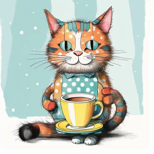 Prompt: A single polka dot cat holding a cup of hot coffee, Dr. Seuss aesthetic, children's book illustration, patchwork, very many polka dots, cartoonish cat highly detailed extremely detailed illustration studio lighting award winning crisp quality very cute watercolor line art coherent muted color scheme