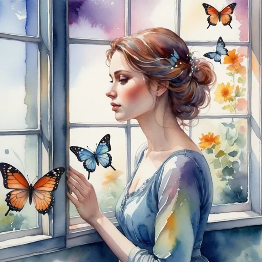 Prompt: A mesmerizing watercolor artwork depicts a woman gazing wistfully out of a window, longing for a more enchanting existence. The piece is rich in vibrant colors, dreamy details, and a sense of mystical allure, capturing the viewer's imagination with its whimsical beauty.
#butterflies #fantasy #watercolor #window #woman