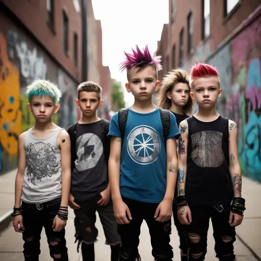 Prompt: A group of punk kids standing together, captured in a style resembling a raw, unedited photograph. The kids should have exaggerated, circle-shaped faces, reminiscent of characters from collectible card games or mobile games, giving a vibrant and playful vibe. The photographic style should convey realism, with natural lighting, shadows, and a depth of field like that of a camera lens. The background should include elements like urban graffiti, colorful plants, and whimsical, street-style art, all portrayed in a realistic photographic manner. The perspective should be from a low angle, looking upwards, to give a natural and spontaneous feel to the image, as if taken in a real urban setting.