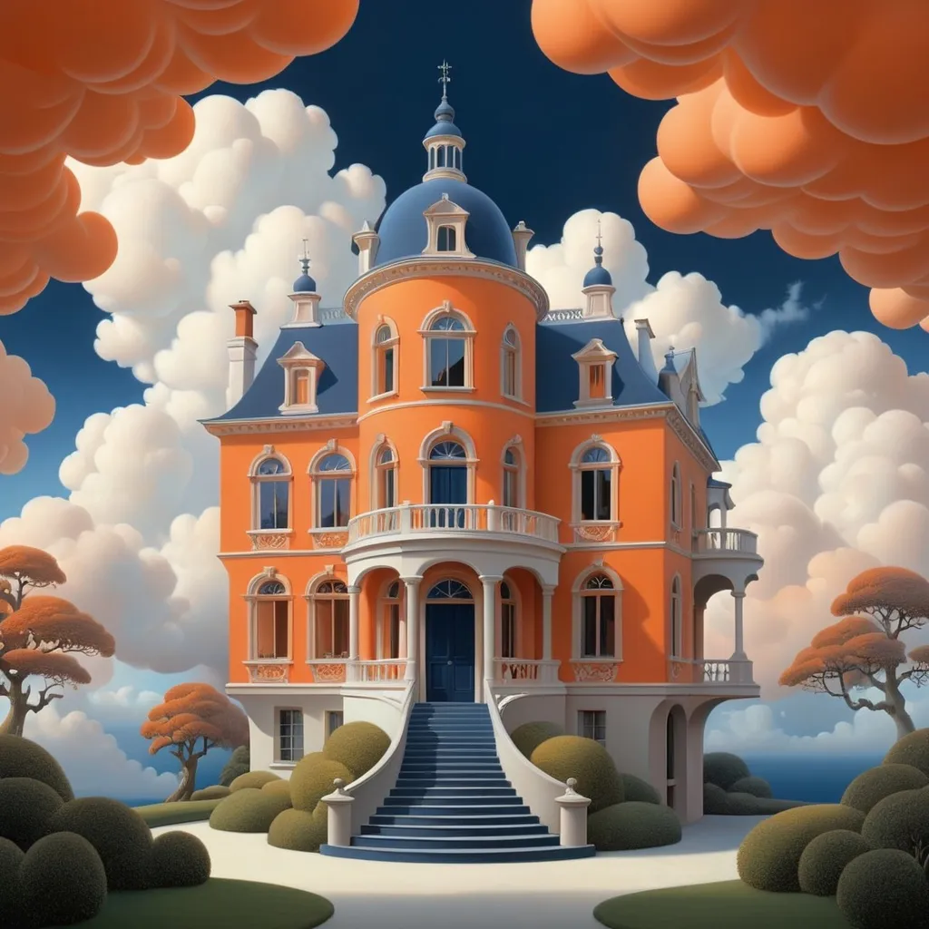 Prompt: Neutral color palette meets the enchanting world of Michiel Schrijver, Lifsches, and Catherina Abel figurative art. An airbrushed, baroque house in the clouds, blending orange, navy blue, and white in the sky, with intricate 3D shading, futuristic elements, and an ethereal atmosphere, 8k resolution, trending on Artstation.