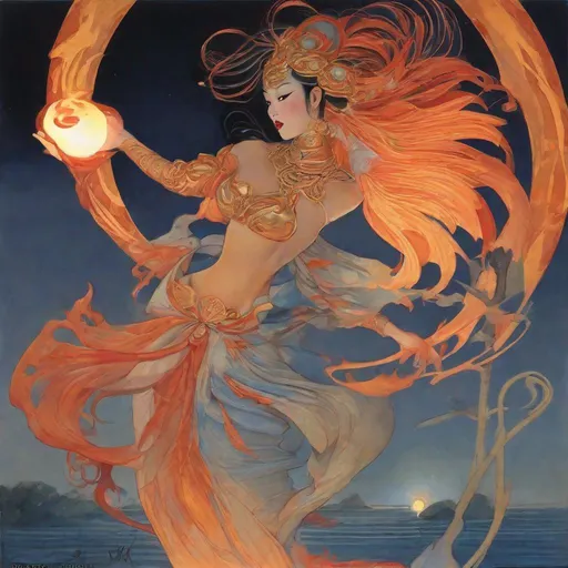 Prompt: Art Noveau by Muccia,  Vietnamese lady, Khon flame dancer,  Art Noveau  muccia illuminated by firey moonlight.