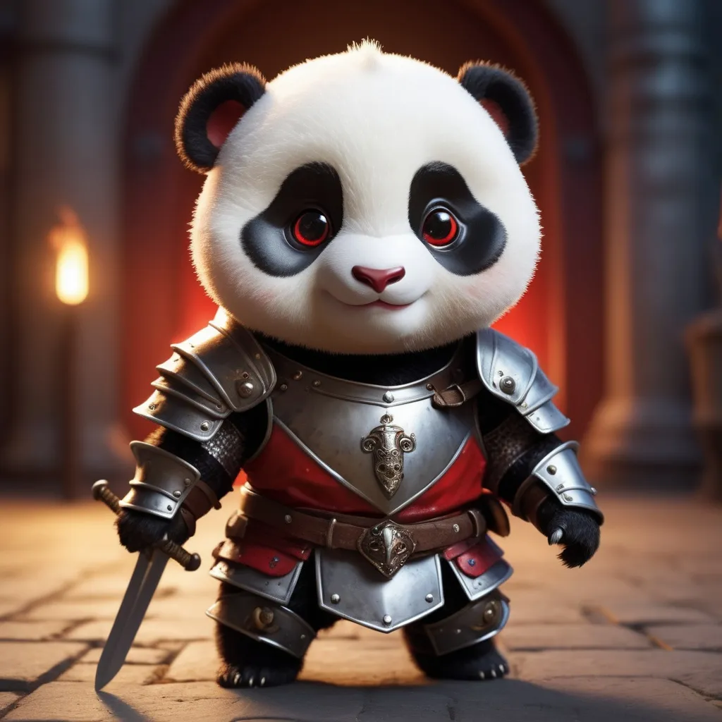 Prompt: Pixar Style, Tiny cute and adorable serious baby panda adventurer dressed in knight armor and sword, with red eyes anthropomorphic , dramatic lighting, 8k, portrait,realistic, fine details, photorealism, cinematic ,intricate details, cinematic lighting, photo realistic 8k