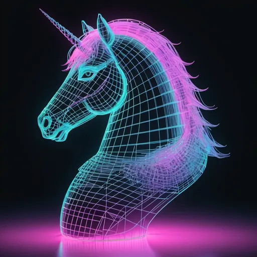 Prompt: vaporwave wireframe hologram of a unicorn 