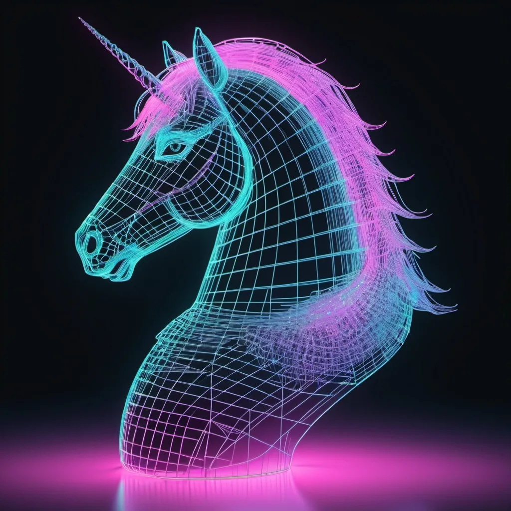 Prompt: vaporwave wireframe hologram of a unicorn 