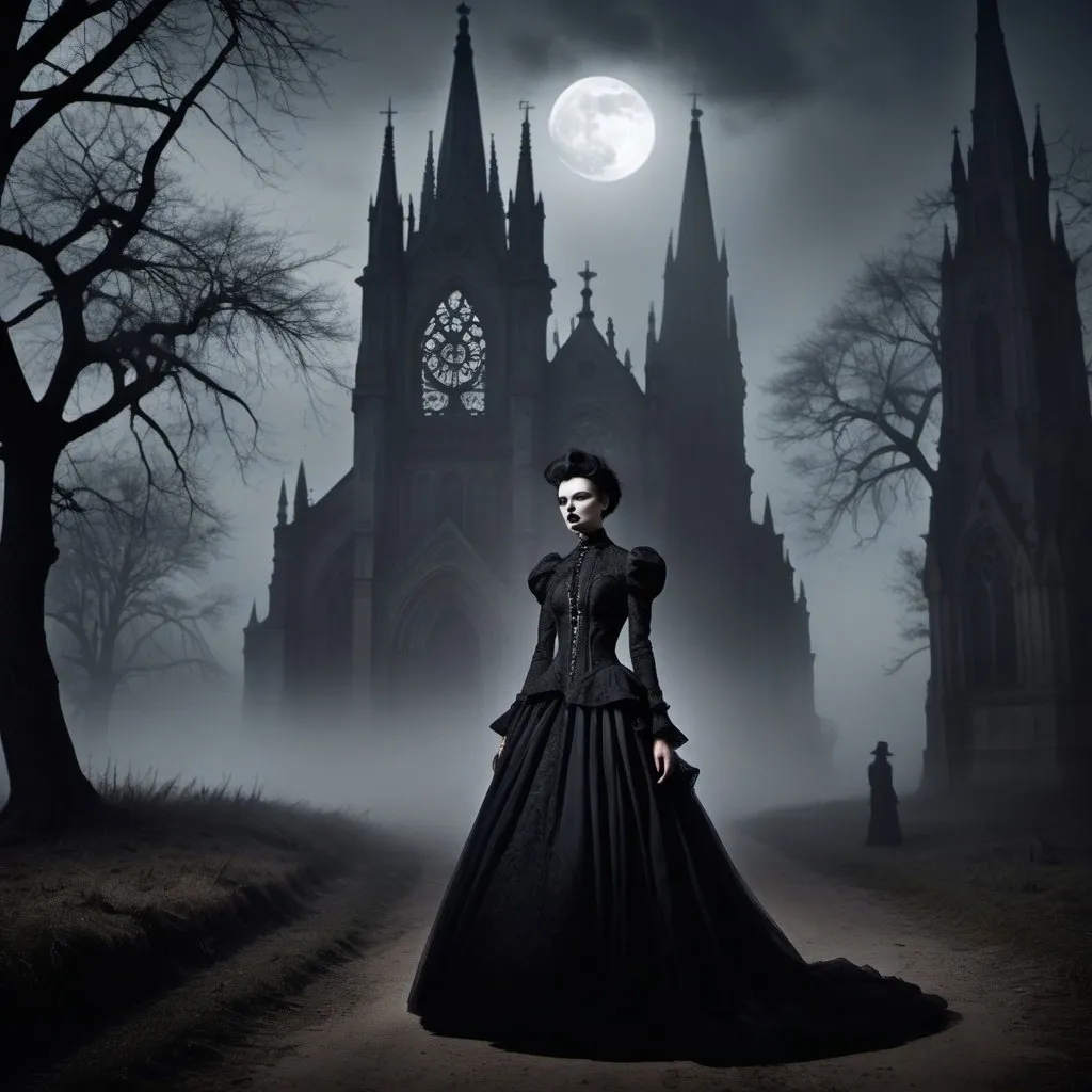 Prompt: Gothic-inspired fashion models navigate a twisted, dreamlike landscape, dark attire billowing as if influenced by a hidden wind, Victorian-era elements with modern twists, twisted spires of a cathedral looming in the distant fog, full moon casting eerie shadows, high-fashion photography, dramatic lighting, ultra fine details, ultra-realistic.
