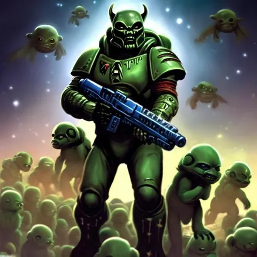 Prompt: A Starfleet space marine fighting an army of the cutest little alien puppies. Distant planet. Doom. Full render. Full color.