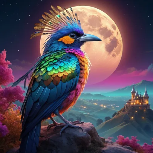 Prompt: Surrealistic bird, rich plumage imbued with vibrant hues, perches atop a gentle hill, full moon looming large in the background, fantasy landscape bathed in moonlight, intricate feathers, array of iridescent colors, fantasy digital art, elaborate moon details, mystical ambiance, 4k, highly detailed, vibrant visionary digital art, ultra-fine textures, dramatic lighting.