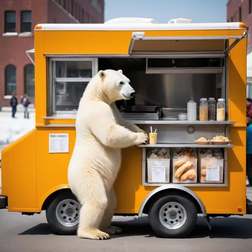 Prompt: Cute polar bear cub working in a food truck