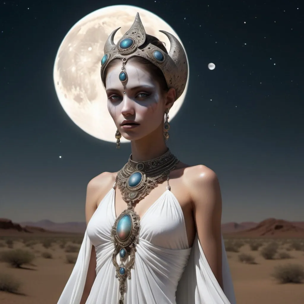 Prompt: Hybrid creature of human and celestial origin, nestled within the tranquil beauty of an earthly desert beneath the watchful gaze of celestial bodies like the moon and Nibiru,  Immersed in the melancholic hues and solitude, the figure wears a beautiful white dress accented with intriguing jewelry, and the expression on the face