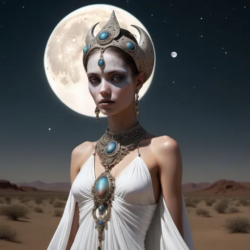 Prompt: Hybrid creature of human and celestial origin, nestled within the tranquil beauty of an earthly desert beneath the watchful gaze of celestial bodies like the moon and Nibiru,  Immersed in the melancholic hues and solitude, the figure wears a beautiful white dress accented with intriguing jewelry, and the expression on the face
