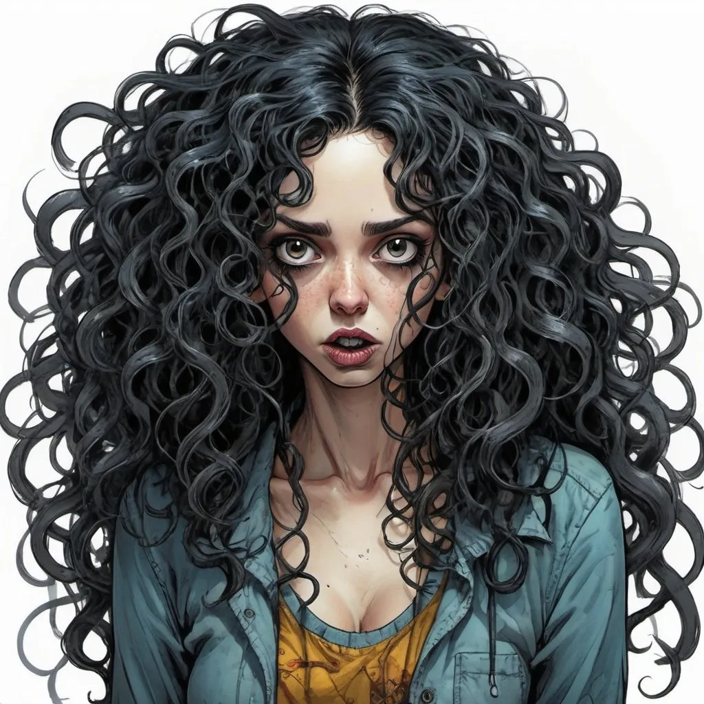 Prompt: woman user with long black curly hair, random face expression, random clothing, random scenario, color Illustration by Alex Pardee and Tim Burton
, trending on artstation, sharp focus, studio photo, intricate details, highly detailed, by greg rutkowski