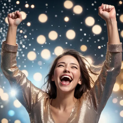 Prompt: "Joyous Elevation Woman Celebrating Her Triumphant Moment", jubilant expression, raised arms, Nikon Z9, sparkling festive lighting, photorealistic capture of pure elation.