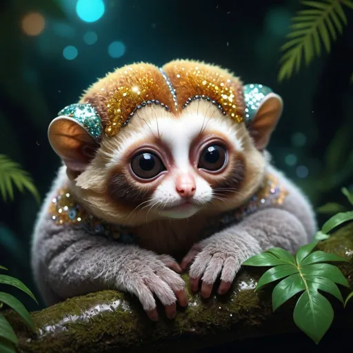 Prompt: 3D hyper-realistic cute adorable fluffy slow loris asleep in the rainforest, extreme detail, intricate motifs, gorgeous eyes, lots of glitter, sparkle and kaleidoscopic bioluminescence, night background, deep depth of field, bright dramatic lighting, perfect composition, sharp focus detailed matte painting, deep colour, fantastical, intricate detail, splash screen, complementary colours, fantasy concept art