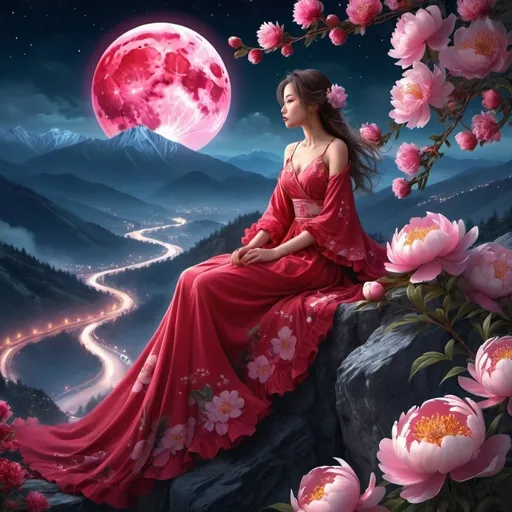 Prompt: computer graphics, night., sakura flowers, a girl in a long flowing dress with a train with many frills sits on a peony branch, on top of a mountain ledge against the backdrop of hills and peony flowers. glitter, wind, big red moon beautiful illuminated clouds, red. mystical moonlight . fantasy landscape. bioluminescence, magical, fabulous, digital painting. high resolution.