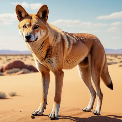 Prompt: A dingo is standing in the desert, ultra hd, realistic, vivid colors, highly detailed, UHD drawing, pen and ink, perfect composition, beautiful detailed intricate insanely detailed octane render trending on artstation, 8k artistic photography, photorealistic concept art, soft natural volumetric cinematic perfect light