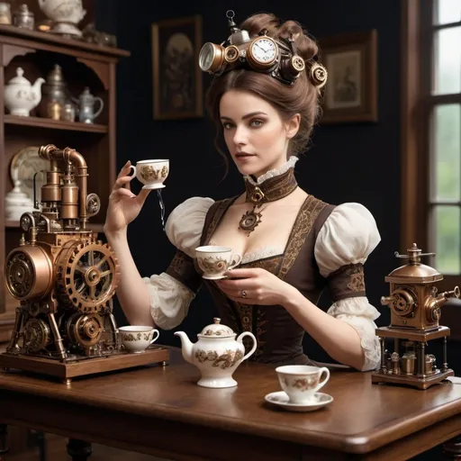 Prompt: Wide image showcasing a detailed steampunk-inspired automaton with womanly characteristics. Dressed elegantly in Victorian-era clothing, her construct comprises intricate machinery like gears and cogs. As she stands next to an old-fashioned wooden table, her precise mechanical fingers gracefully pour tea from a bronzed teapot into a porcelain cup, evoking a nostalgic and retro atmosphere.