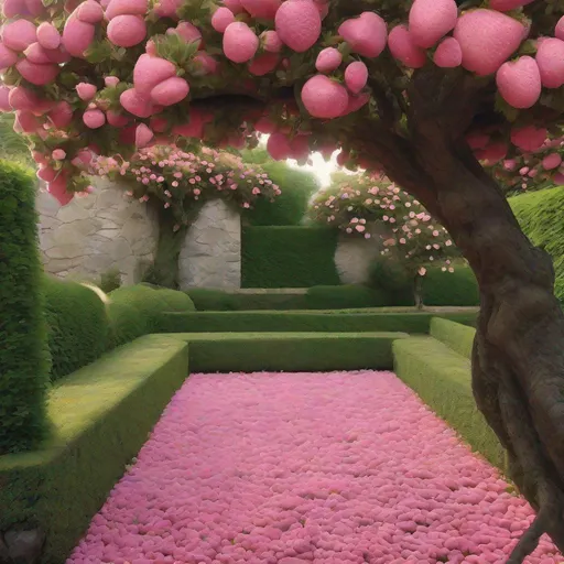 Prompt: tree :: strawberry pink covered pretzel, covered in pink flowers, growing in a beautiful garden with stone paths + green hedges, tranquility