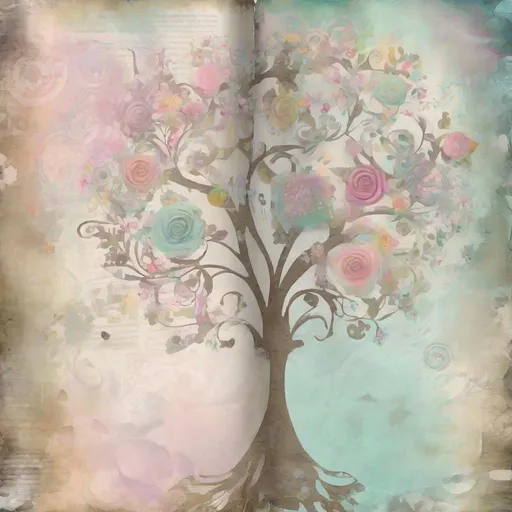 Prompt: shabby chic dreamy mist pastel junk journals phrase flower tree swirling magical fairytale abstract art style
