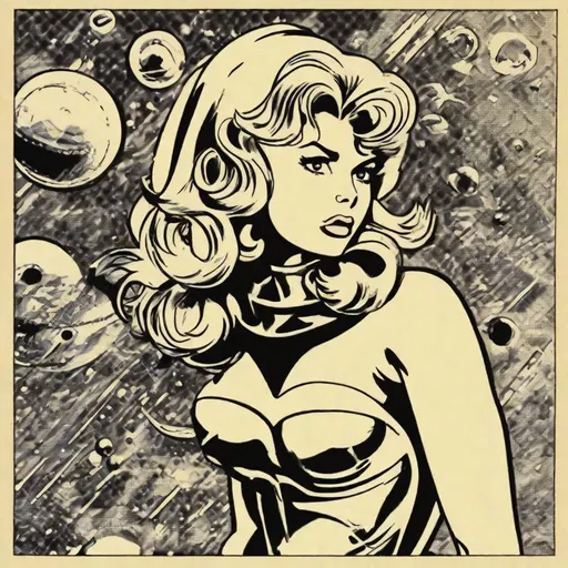 Prompt: barbarella, comic style, side view, halftone, pointlism, bentoism, by roy lichtenstein and jack kirby 