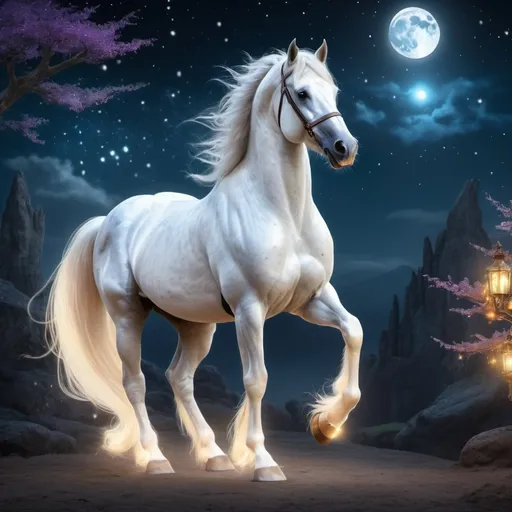 Prompt: Elegant stallion that is designed like a wizard. Wizard and magician styles in stallion design. Sparkling magic present. Fairytale wizard world environment. Moonrise. Fantasy. Highly detailed painting. Magical atmosphere. 8k. HDR.