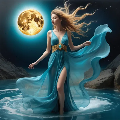 Prompt: contemporary,surrealism,(an imaginative and whimsical image),(combines elements of sun, moon and water),(imagination of a dynamic spiraling cosmos and the mysteries of the world),a beautiful photorealistic undine in a blue silk chiffon dress very long and multi-layered, in the middle, ethereal world where you can see the wonders of nature, illuminating lights, color scheme focused on blue, turquoise gold, 32K, 18K, digital graphics, HDR, UHDR