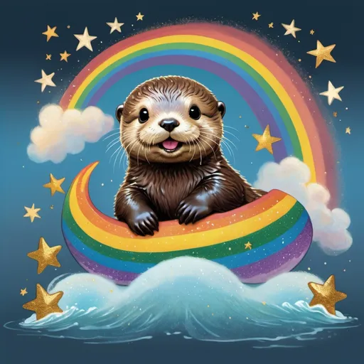 Prompt: Realistic comic art of an baby sea otter riding on top of a rainbow while farting golden glitter stars
