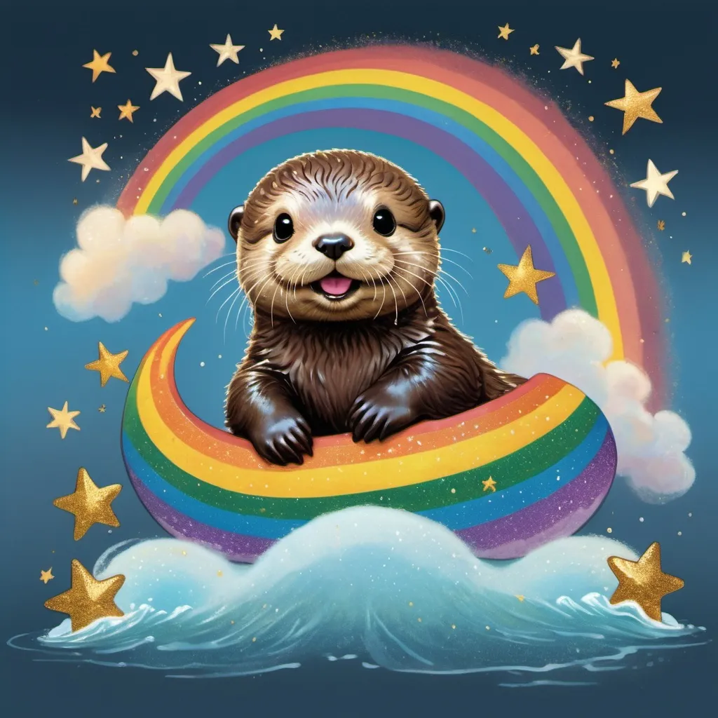 Prompt: Realistic comic art of an baby sea otter riding on top of a rainbow while farting golden glitter stars
