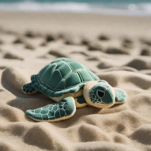 Prompt: cute stuffed toy sea turtle on the beach