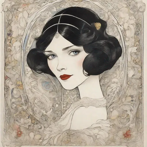 Prompt: Cinematic character render, fairytale, art nouveau masterpiece, chibi, 1920s fashion, calligraphic lines. Watercolor line drawing. Aubrey Beardsley, Klimt, Margaret Keane, Edmund Dulac, Mary Blair. Insanely detailed beautiful portrait Snow White, enigmatic smile. Perfect face, delicate face, focus on eyes,  long dark hair, vibrant colors, filigree, ornate patterns.

By Maya🦩
