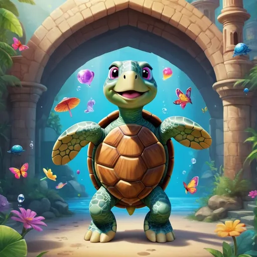 Prompt: 
the cheerful turtle, embarks on a journey to the world of symbols. Visualize Tini standing at the entrance of this magical realm, filled with vibrant symbols floating in the air.