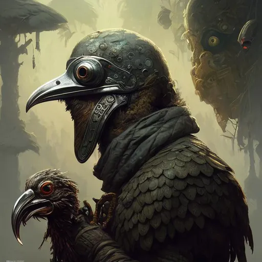 Prompt: rpg! profile! portrait of humanoid bird on white background, fungus mutant, beak, feathers, plague doctor, beautiful clothes, intricate, highly detailed, digital painting, artstation, concept art, smooth, sharp focus, illustration, art by norman rockwell emiliano ponzi andrey remnev yoann lossel aaron jasinski, 8 k