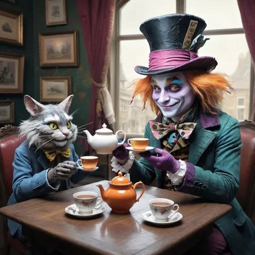 Prompt: Mad Hatter serving tea to the Cheshire Cat, crayon caricature style, anthropomorphic, character design, with whimsical background, influencers: Jean Baptiste Monge, Ismail Inceoglu, Karol Bak, Tyler Edlin, detailed crayon strokes, hyperrealism, photorealism, vivid colors, masterpiece akin to Greg Rutkowski's work, trending on ArtStation, hyperdetailed, album art-worthy.