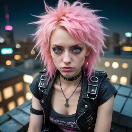 Prompt: Insanely Detailed, Photorealistic close up fisheye lens cyberpunk dramatically sitting on a a roof, robotic arms, beautiful pink eyes, large lashes, night, long blonde and pink emo-scene hair, kodac, stoic, angsty, by Johnny Rotten, by Sid Vicious, professional photography, dynamic lighting, intricate details, 16k resolution, beautifully shot, hyperrealistic, clean sharp focus, bokeh, perfect composition, high contrast, bright colors, bold colors, film grain