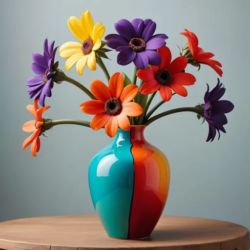 Prompt: Unique and bold colorful vase with one flower in it.