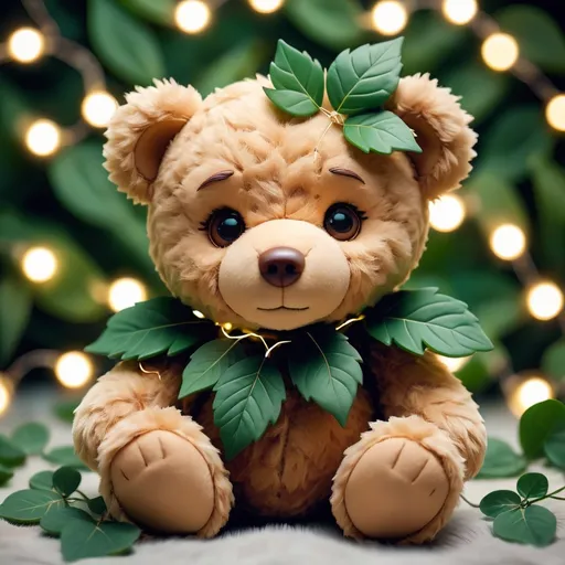 Prompt: A cute teddy bear made up of dark green leaves and twinkle lights perfect for profile picture