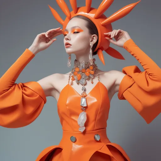Prompt: Girl in eco friendly haute couture outfit in the style of anime, surrealism, akira style. details. fine jewelry. eco friendly. orange vibe.