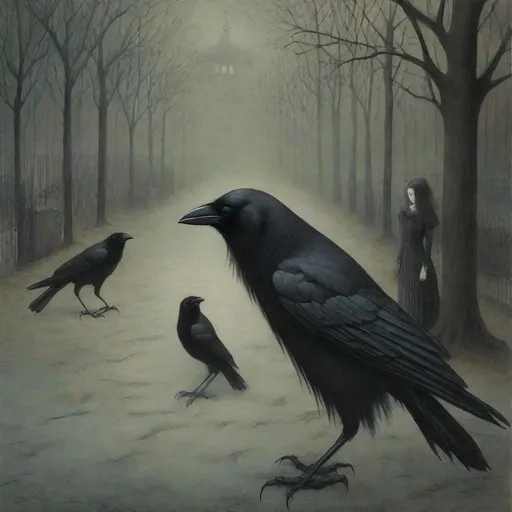 Prompt: illustration by Angela Barrett, crows, ominous, carnival atmosphere, moody, gothic fantasy aesthetic ominous, highest quality, taschen