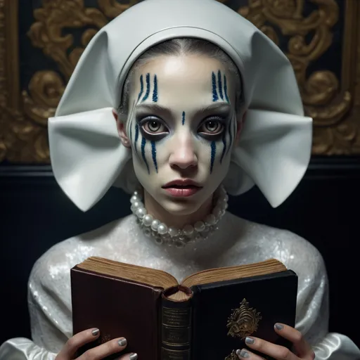 Prompt: photorealism, an anthropomorphic lady fishface hybrid creature holding a bible, extremely realistic, sharp details, shot by Steven Klein and Nan Goldin, intricately detailed background, photorealism, insanely detailed face, perfect pupils, expressive eyes, ambient lighting, intricately detailed location, HD, 8k