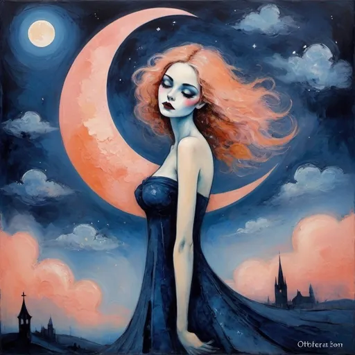 Prompt:  Art style by Kees van Dongen, Iren Horrors, Ginette Callaway, Olha Darchuk, Sam Toft, Abstract D'Oyley, Gritty texture encaustic Paint, celestial fallen gothic cursed vampire contessa, in peach and indigo blue bloom gradient dye, reaching for the moon, beautiful face and figure, flowing hair, starry sky, ethereal clouds, surreal landscape, delicate shading, cosmic elements, abstract representation, dreamlike atmosphere, artistic expression, simple elegance, timeless beauty, tranquil night, subtle details, cosmic harmony, mystical vibe, graceful lines, imaginative composition, night sky, otherworldly scene, otherworldly grace.