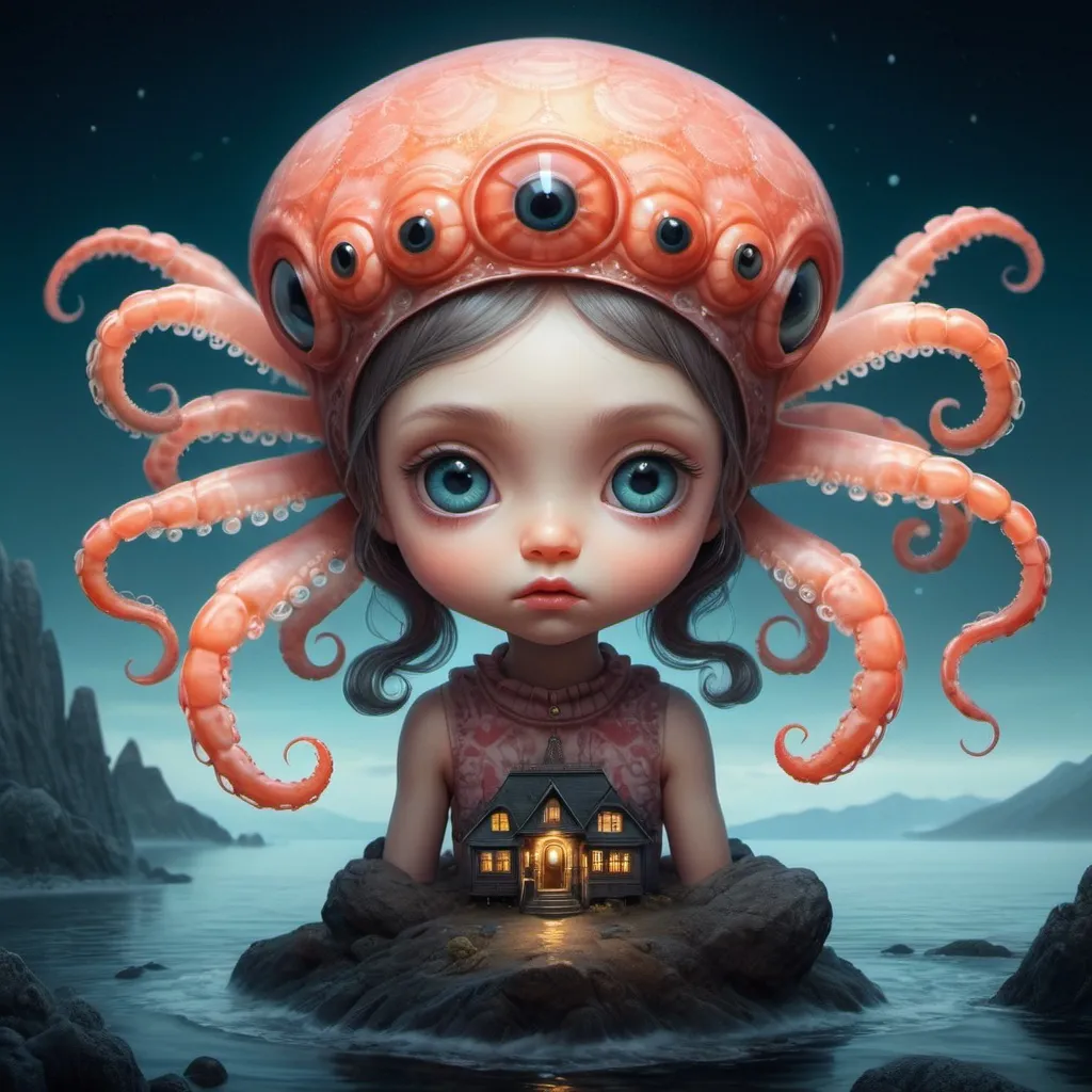 Prompt: 
3D ultra highly detailed, luminism, super high detail,  cute bright tiny demon girl shrimp octopus. futuristic surrealistic vision, extremely large sharp luminous eyes, atmospheric aerial picture, Night, sea, mountains, moon, fluffy fog envelops, lights glow, race fell out, little girl on the seashore, Slavic geometric ornament.


cinematic,

32k,

finnish folklore,

detailed ink,

acrylic,

Kraola,

Nicoletta Ceccoli,

Beeple,

Jeremy Ketner Todd Lockwood,

storybook illustration,

extremely large sharp luminous eyes,

traditional finnish interior,

fairy tale,

storybook,

mystical,

very detailed unusual very detailed,

difficult,

difficult posture,

masterpiece,

high quality,

bright colors,

intricate patterns