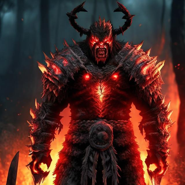 Prompt: Berserker, Rage, Black Armor, glowing red eyes, walking towards viewer, fire background, dark crimson forest