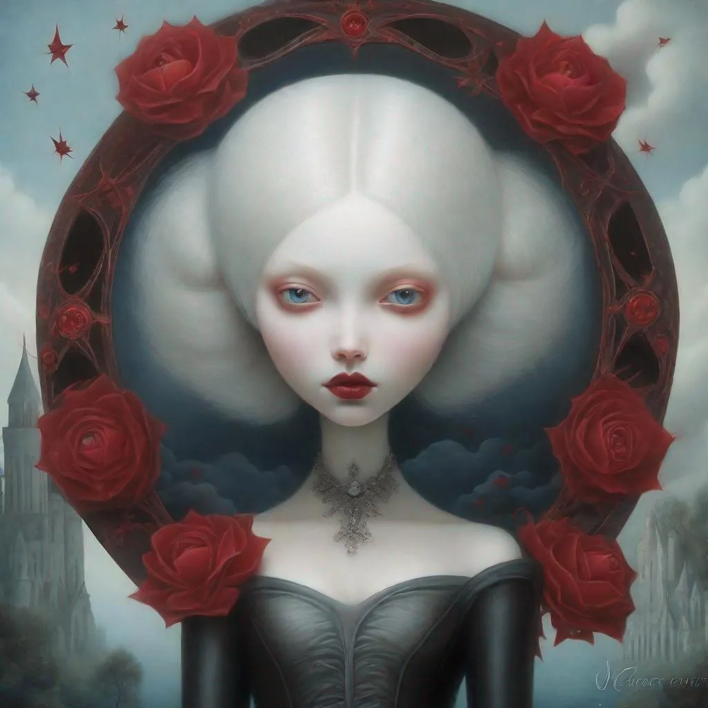 Prompt: gothic, surrealism, poster close-up, abstraction, detailed oil painting by mark todd, nicoletta ceccoli, ray caesar, vampire lady close-up on canvas, big moon, swirling red flowers, sparks, detailed sky with clouds, dramatic makeup, celestial lighting, shining aura, castle, forest, river, detailed sky, mystical, highly detailed, intricate pose, oil painting, thick brushstrokes, complex background, bright colors, masterpiece, high quality, clarity, anime style , ultra hd, realistic, vivid colors, highly detailed, UHD drawing, pen and ink, perfect composition, beautiful detailed intricate insanely detailed octane render trending on artstation, 8k artistic photography, photorealistic concept art, soft natural volumetric cinematic perfect light