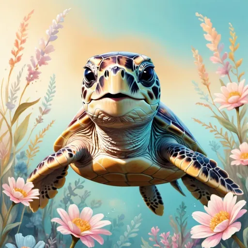 Prompt: Baby sea turtle standing amidst soft pastel-hued florals in boho style, smiling gently, captured in golden hour light, digital painting, ultra clear, highly detailed.