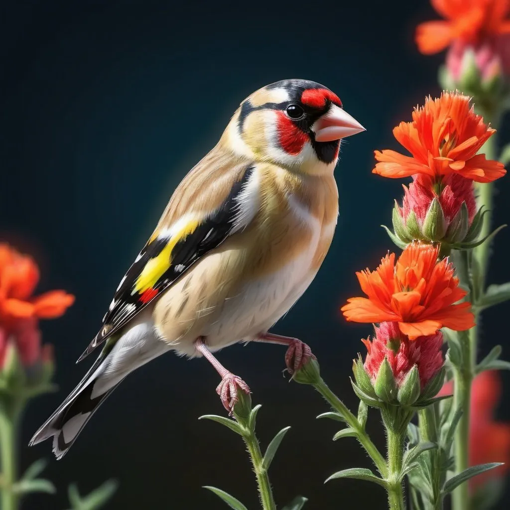 Prompt: European Goldfinch perched on an Indian paintbrush, watercolor painting, illuminated by direct neon lighting, ultra HD, realistic, vivid colors, highly detailed, pen and ink, perfect composition, intricate, octane render, trending on ArtStation, 8k artistic photography, photorealistic concept art, soft natural light, volumetric, cinematic lighting.