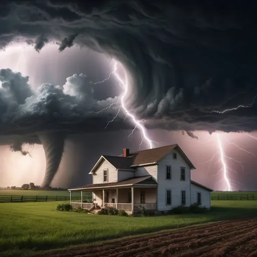 Prompt: Create an epic landscape of a tornado ripping through a farm with a house to one side of the image, lightning flashing through the air,, Mysterious