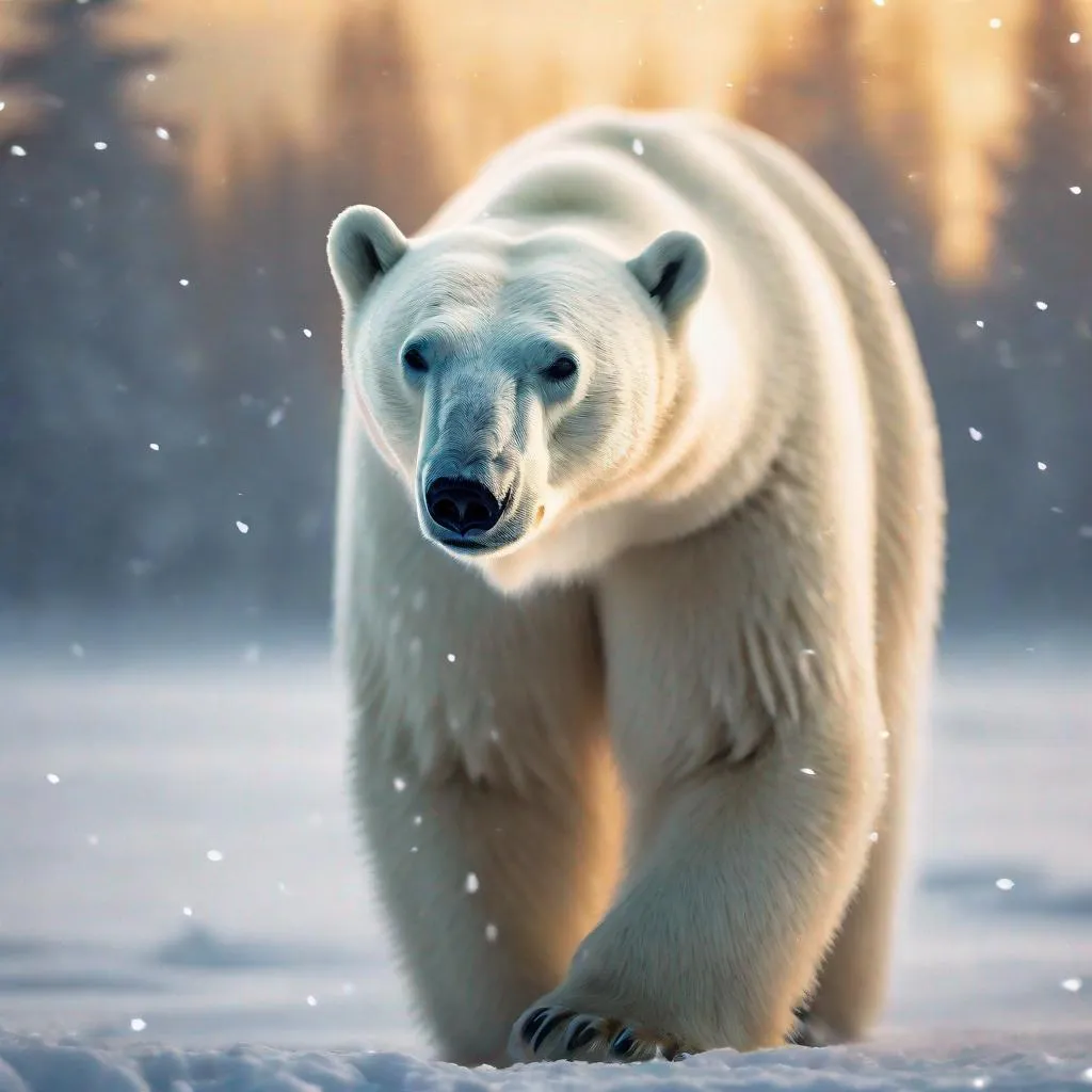 Prompt: Highly detailed of polar bear,DSLR,pretty eyes,ultra-fine detailed,masterpiece,epic, star light,north pole background,full of snow,snowfall,little bit foggy,aesthetic,ilustration,dynamic potrait,2D,golden hour,UHD,HDR,long shot,Aurora Light